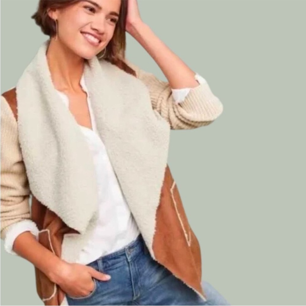 Anthropologie Women's Moth Sherpa Faux Suede Moto Sweater Jacket XS